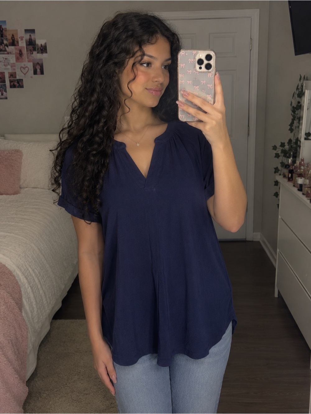 Jones New York Navy Short-Sleeve Split-Notch Tunic